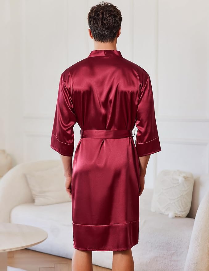 Ekouaer Mens Satin Robe Lightweight Silky Kimono Bathrobe 3/4 Sleeve Spa Knee Length Loungewear with Pockets S-3XL