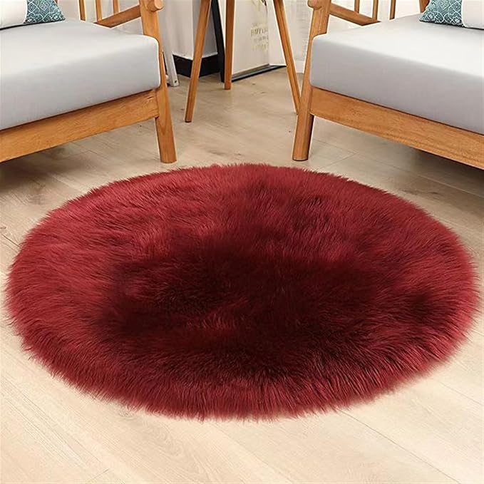 Lifup Soft Round Shaggy Rug, Faux Fur Area Rug, Fluffy Plush Carpets Circle Rugs for Living Room Fuzzy Rugs for Bedroom Under Dining Table Home Office Decor Red 3.3x3.3 Feet