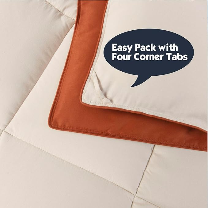 HIG 3pc Burnt Orange Queen Size Comforter Set - All Season Reversible Down Alternative Comforter with Sham - Quilted Duvet Insert with Corner Tabs - Box Stitched - Breathable, Soft, Fluffy