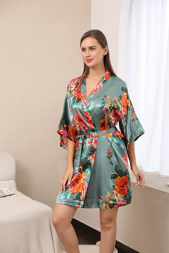 QXQTER Peony Floral Silky Satin Robe Wedding Bridal Party Bride Bridesmaid Robes for Women Dressing Gown Kimono Robe