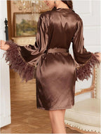 GORGLITTER Women's Satin Kimono Robe Feather Silk Robes Bridal Party Bridesmaid Robes