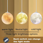 Plug-in Moon Pendant Light, Hanging Lamp with Switch & Cord, 3-Color Dimmable LED Ceiling Lamp for Kids’ Bedroom or Nursery, White Lunar Night Light (Warm,Neutral,White,LED Bulb Included)