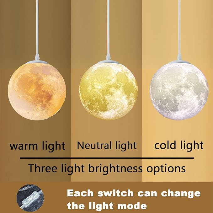 Plug-in Moon Pendant Light, Hanging Lamp with Switch & Cord, 3-Color Dimmable LED Ceiling Lamp for Kids’ Bedroom or Nursery, White Lunar Night Light (Warm,Neutral,White,LED Bulb Included)