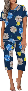 Ekouaer Women's Sleepwear Capri Pajama Sets Short Sleeve Two-Piece Pjs V Neck Tops & Capri Pants with Pockets S-3XL