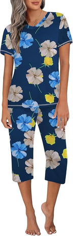 Ekouaer Women's Sleepwear Capri Pajama Sets Short Sleeve Two-Piece Pjs V Neck Tops & Capri Pants with Pockets S-3XL