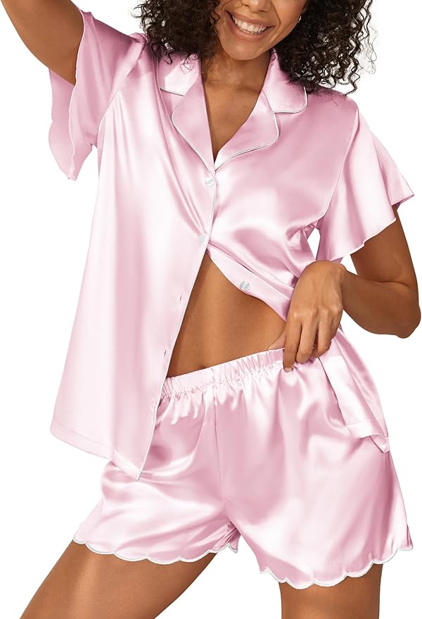 Ekouaer Women's Classic Button Down Ruffle Sleeves Short Satin Silk Pajama Set