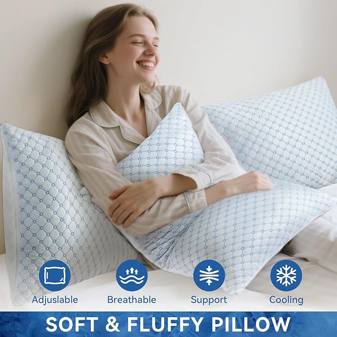 Cooling Bed Pillows for Sleeping Set of 2, Shredded Memory Foam Pillows for Bed Queen Size 2 Pack, Adjustable Cool Pillow for Side, Back and Stomach Sleepers Neck Supportive