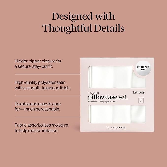 Kitsch Satin Pillowcase with Zipper for Hair & Skin - Softer Than Silk Pillow Cases, Smooth Cooling Satin Pillow Case, Wrinkle-Free, Machine Washable - Pillow Cases Standard Size (19x26), Ivory 2pcs