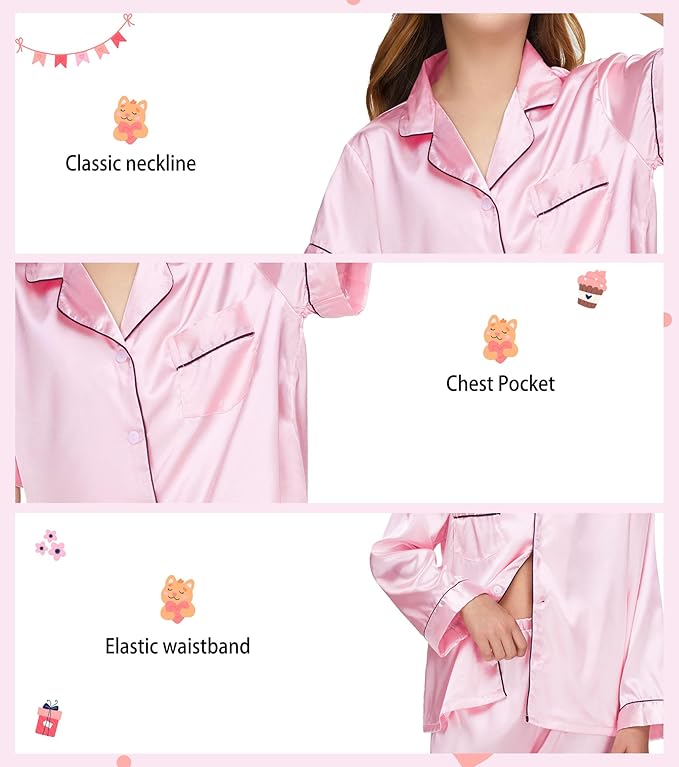 EPLAZA Kids Satin Pajamas Sets Girls Boys Button-Down Silky Pajamas Sleepwear with Hairband Eye Mask Hair Tie