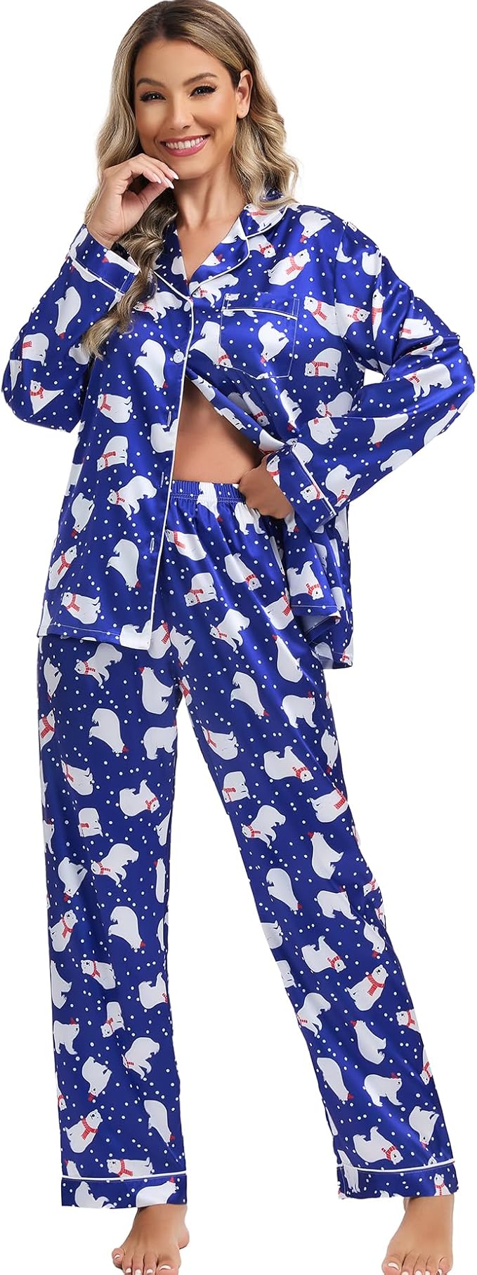 SWOMOG Womens Silk Satin Pajamas Set Long Sleeve Button Down Sleepwear 2 Piece Lounge Set Pj Set XS-3XL