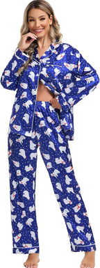 SWOMOG Womens Silk Satin Pajamas Set Long Sleeve Button Down Sleepwear 2 Piece Lounge Set Pj Set XS-3XL