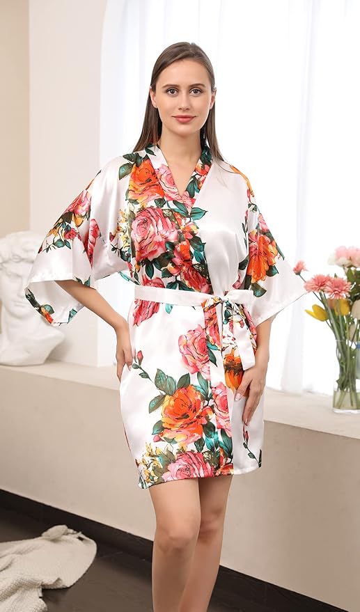 QXQTER Peony Floral Silky Satin Robe Wedding Bridal Party Bride Bridesmaid Robes for Women Dressing Gown Kimono Robe