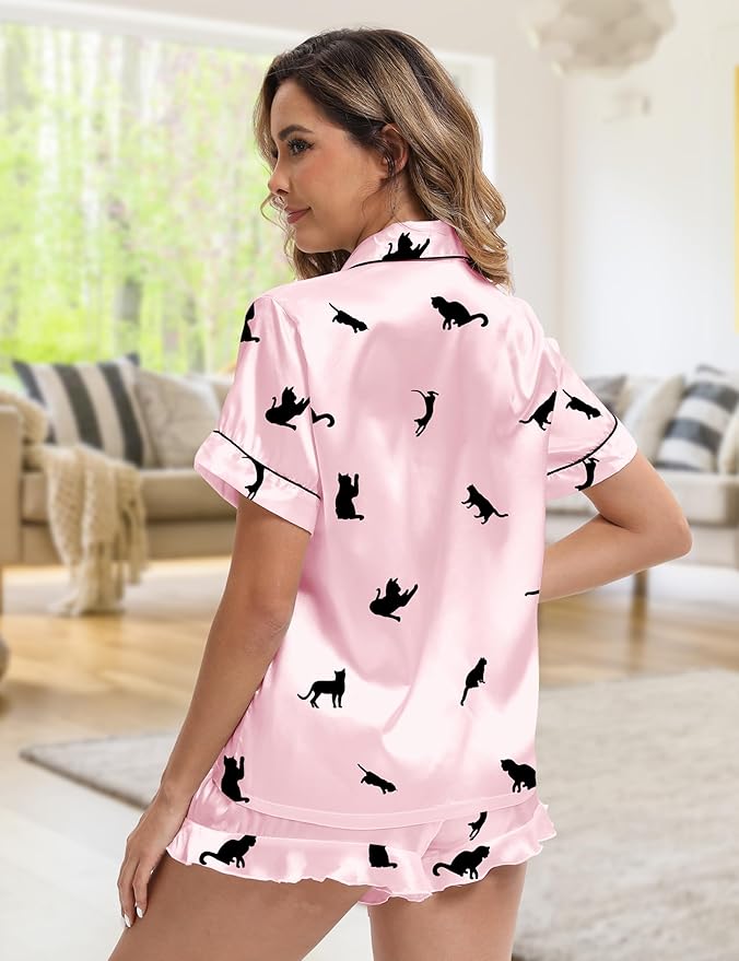 Silk Satin Pajama Set for Women 3-piece Short Sleeve Pajama with Pants Ruffle Shorts Cute Pj Set Button Down Sleepwear