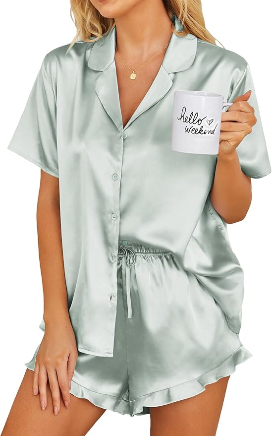 Ekouaer Womens Satin Pajamas Set Button Down 2 Piece Silk Pjs Shorts Set Ruffle Lingerie Notch Collar Sleepwear