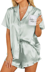 Ekouaer Womens Satin Pajamas Set Button Down 2 Piece Silk Pjs Shorts Set Ruffle Lingerie Notch Collar Sleepwear