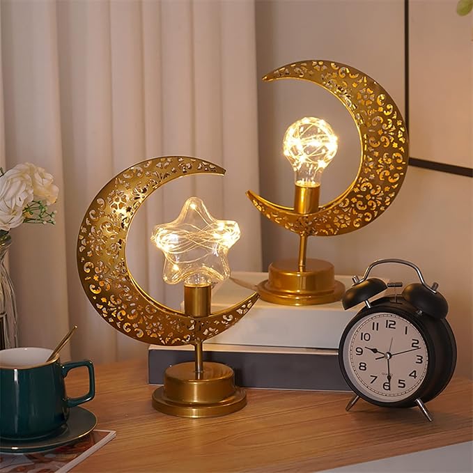 LED Moon Lamp Romantic Iron Desk Lamp Ambient Lighting Night Light Lamps for Nightstand Aesthetic Bedside Lamps Night Stand Lamp Mood Lighting Home Bedroom Decor Cute Stuff (Without Batteries) (Gold)
