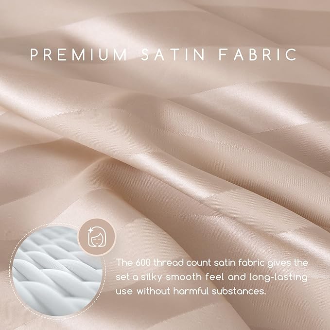 MR&HM Satin Bed Sheets, Full Size Sheets Set, 4 Pcs Silky Bedding Set with 15 Inches Deep Pocket for Mattress (Full, Champagne Striped)
