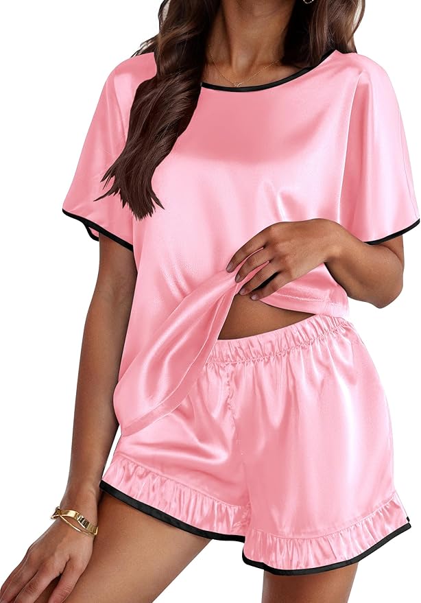 Ekouaer Satin Pajama Set for Women 2 Piece Silk Pjs Soft Short Sleeve Sleepwear Top with Ruffle Shorts S-XXL