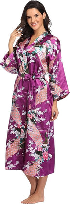 Valennia Women Long Silky Bathrobe Satin Kimono Robe Floral Printed Dressing Gown Sleepwear