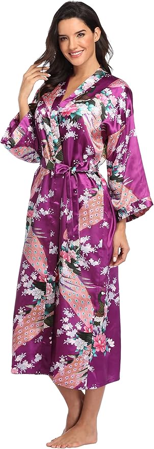 Valennia Women Long Silky Bathrobe Satin Kimono Robe Floral Printed Dressing Gown Sleepwear