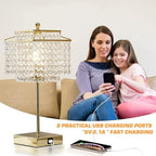 Luvkczc Set of 2 USB Bedside Crystal Table Lamp Gold, Touch Control Lamp, Dimmable Lamp with Crystal Shade for Bedroom, Living Room, 6W LED Bulb Included