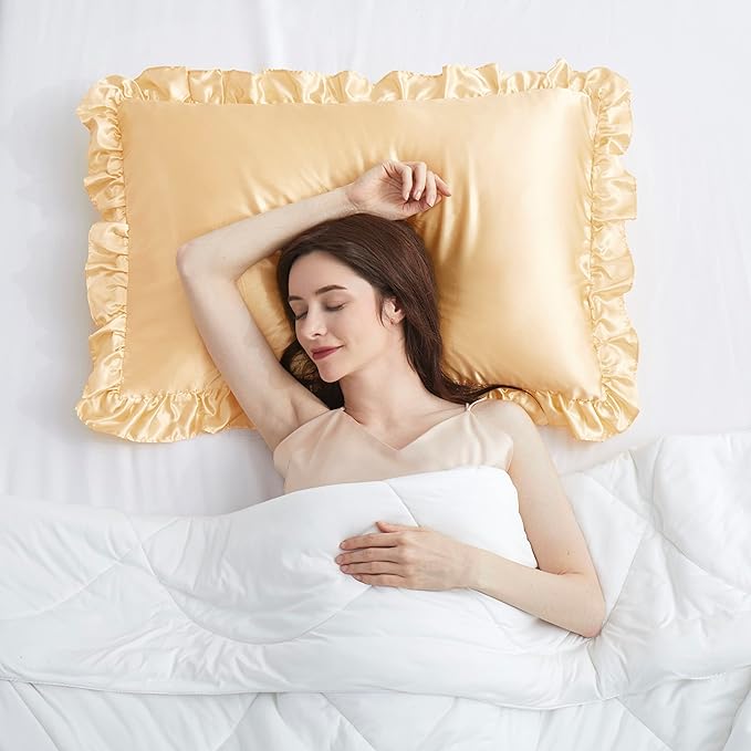 Silky Satin Ruffled Pillow Cases for Hair and Skin,Gold Silk Pillowcases Queen Set of 2 with Envelope Closure Princess Room Decoration