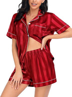 SWOMOG Satin Matching Pajamas Sets Couple Silk Button Down Nightwear Women & Men Short Sleeve Sleepwear 2 Pieces Loungewear