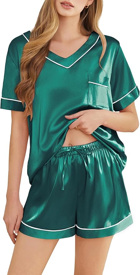 Silk Pajamas for Women Short Sleeve Satin 2 Piece Pj Set Soft V Neck Sleepwear Loungewear, S-XXL