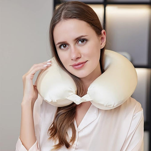 100% Mulberry Silk Neck Pillow for Travel 22 Momme Real Silk Travel Pillow for Pain Relief Sleeping,Silk Airplane Pillow, Anti Wrinkle Travel Pillow Made in USA (Champagne)