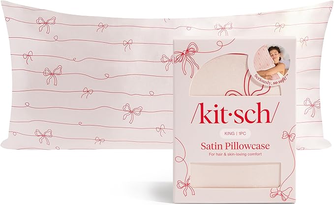 Kitsch Satin Pillowcase with Zipper for Hair & Skin - Softer Than Silk Pillow Cases, Smooth Cooling Satin Pillow Case, Wrinkle-Free Pillow Cases King Size (19x36) - Striped Bows
