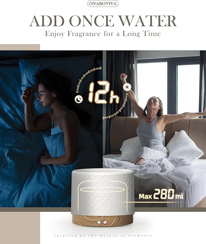 Essential Oil Diffuser -280ml Ceramic Diffuser for Large Room&Commercial Use, 2.4MHz Cool Mist Humidifier & Independent Decorative Light & Aromatherapy Diffuser,2 Mist,Timer,Auto-Off