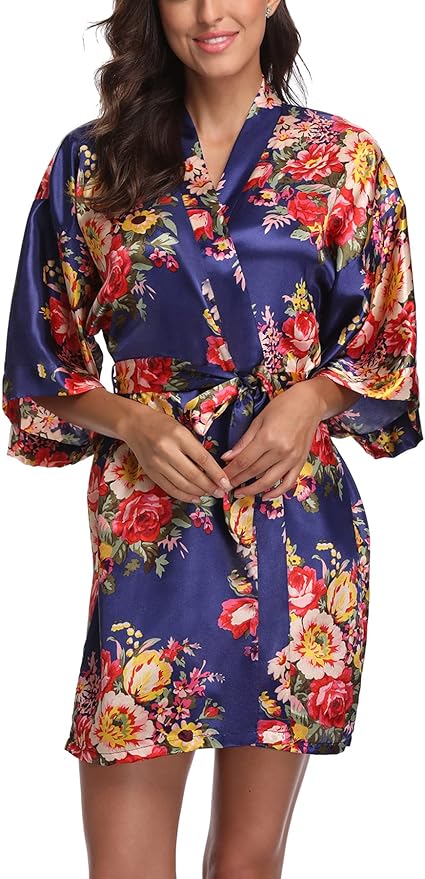 Women's Floral Satin Robes Bride Bridesmaid Getting Ready Robe Short Silky Kimono Sleepwear for Wedding Party