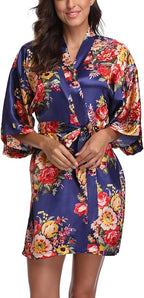 Women's Floral Satin Robes Bride Bridesmaid Getting Ready Robe Short Silky Kimono Sleepwear for Wedding Party