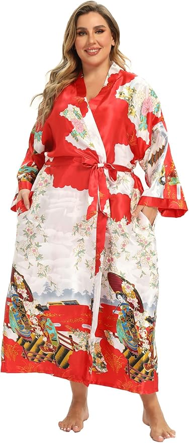 Women's Floral Long Satin Robes Plus Size Long Silk Robes Peacock Floral Kimonos Sleepwear Dressing Gown