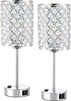 Table Lamps for Bedroom Set of 2-Crystal Table Lamp with USB C+A Ports & AC Outlet Sliver Nightstand Touch Lamp with 3-Way Dimmable Bedside Side Desk Lamp for Living/Bedroom (LED Bulb Included)