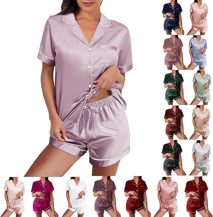 WJing Yi Jia Womens Silk Satin Pajamas Loungewear Two-Piece Sleepwear Button-Down Floral Pj Set XS-4XL