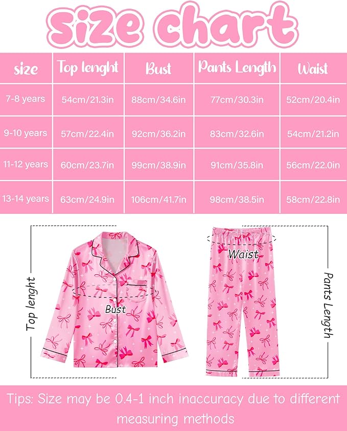 Girls Pajamas Silk PJS Set Satin Sleepwear Long Sleeve Jammies for Kids Button-Down Nightwear Loungewear 3-16 Years