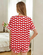 ASTANFY Valentines Day Pajamas Women 2 Piece Silk Valentine Pjs Cute Heart Pajamas V Neck Satin Sleepwear Loungewear Set