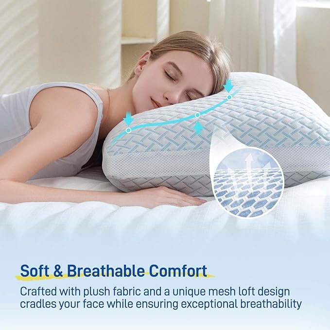 Alkyonos Shredded Memory Foam Cooling Soft Pillows Queen Size Set of 2, Adjustable Hypoallergenic Hotel Quality Pillow for Back, Side and Stomach Sleeper, Bamboo Viscose Cover, Oeko-TEX Certified