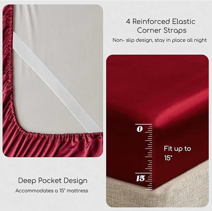 MR&HM Satin Bed Sheets, King Size Sheets Set, 4 Pcs Silky Bedding Set with 15 Inches Deep Pocket for Mattress (King, Burgundy)