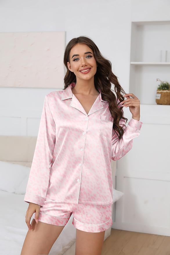 Ekouaer Satin Pajama Set for Women Button Down Pj Set Long Sleeve Top and Shorts 2 Piece Loungewear Summer Soft Sleepwear