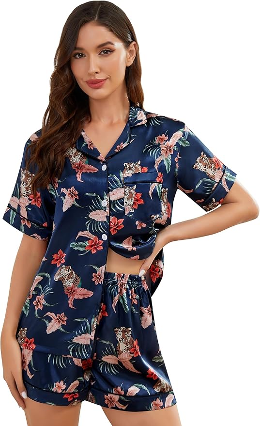 LecGee Womens Silk Satin Pajamas Short Sleeve Loungewear Two-Piece Sleepwear Button-Down Pj Set
