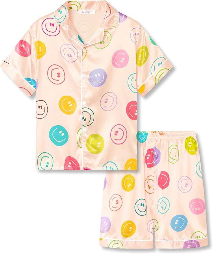 Beezizac Little & Big Girls Satin Silky Button Pajama Summer Short Sleeves Set Trendy Outfit Kid Size 6-16