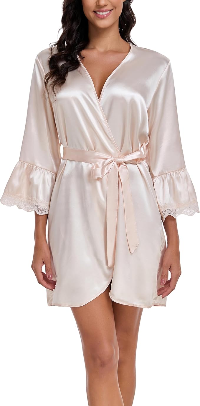 Lace Trim Satin Robes for Women Bride Bridesmaid Silky Kimono Robe Valentines Lingerie with Bell Sleeves
