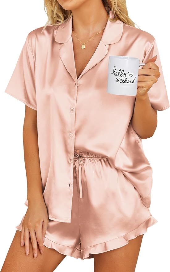 Ekouaer Womens Satin Pajamas Set Button Down 2 Piece Silk Pjs Shorts Set Ruffle Lingerie Notch Collar Sleepwear