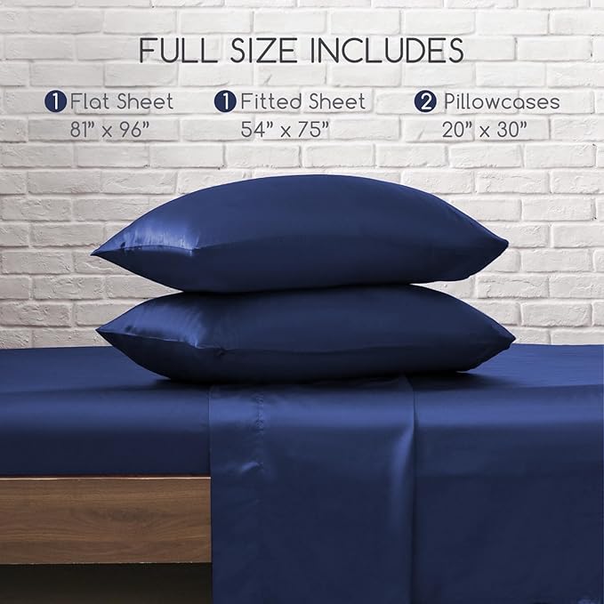 MR&HM Satin Bed Sheets, Full Size Sheets Set, 4 Pcs Silky Bedding Set with 15 Inches Deep Pocket for Mattress (Full, Navy Blue)