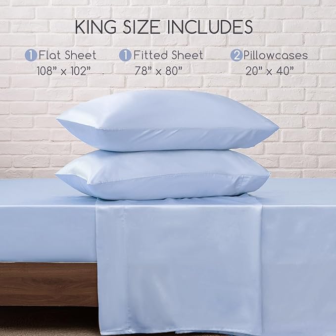 MR&HM Satin Bed Sheets, King Size Sheets Set, 4 Pcs Silky Bedding Set with 15 Inches Deep Pocket for Mattress (King, Light Blue)