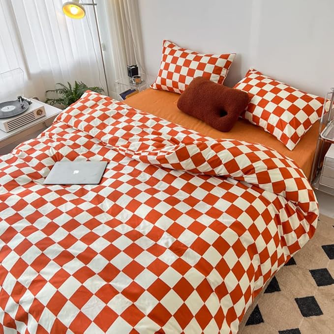 CLOTHKNOW Orange Beige Plaid Full Size Comforter Set 3Pcs Grid Bedding Comforter Sets Terracotta Checker Comforter with 2 x Pillow Cases