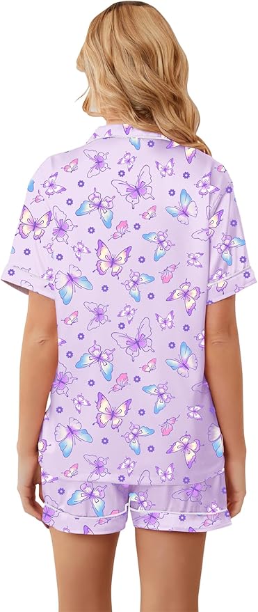Umeyda Women & Girls Pajamas Set, Soft Satin Lightweight Silk Button-Down Top with Shorts 2 Piece PJS for Mom Boys Kids Gifts