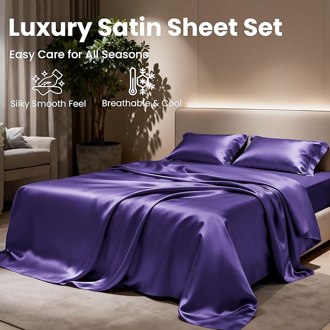 Love's cabin Full Size Satin Sheet Sets - 4 Piece Purple Silky Sheet Set Full with Deep Pocket, Luxury Silk Feel Bed Sheets Full Bedding Set (1 Flat Sheet,1 Fitted Sheet,2 Pillow Cases)